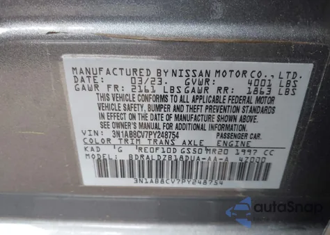 2023 Nissan Sentra Sv Xtronic Cvt z USA, uszkodzony, nr VIN 3N1AB8CV7PY248754